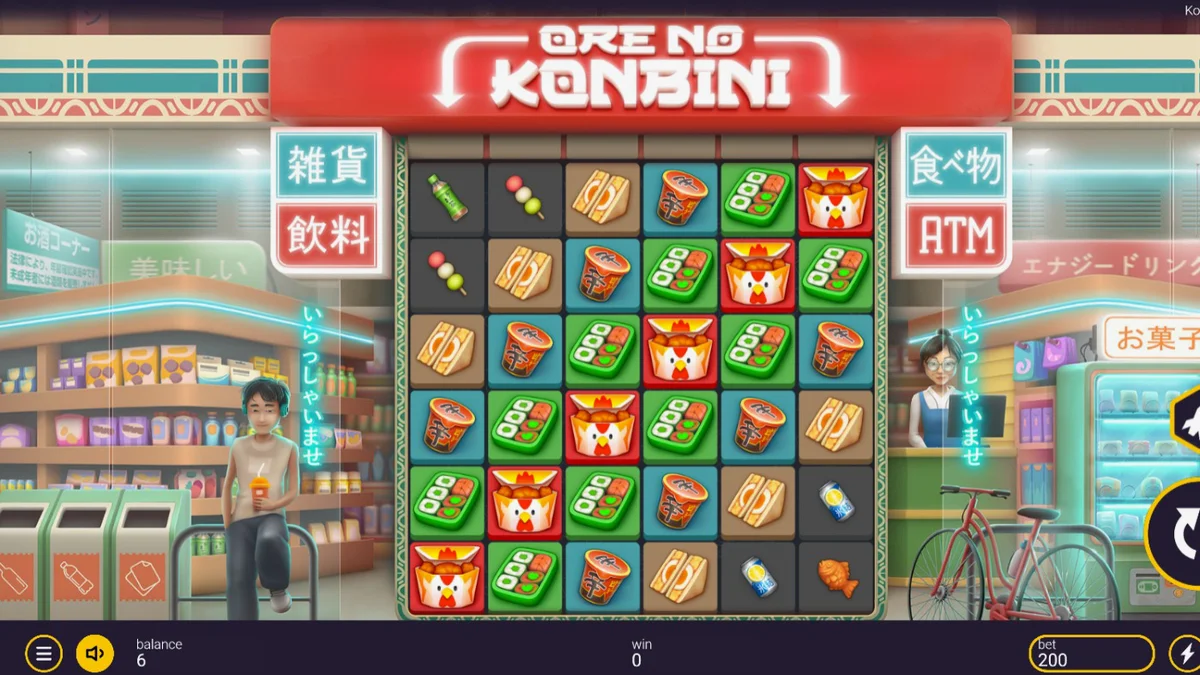 Isang makulay na neon-lit na Japanese convenience store slot machine na may mga simbolo ng pagkain.